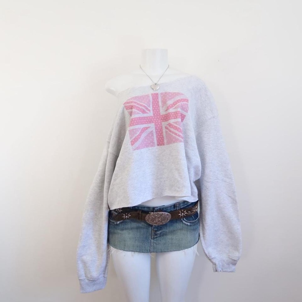 y2k union jack pink one shoulder sweatshirt grey cropped top - Picture 3 of 3